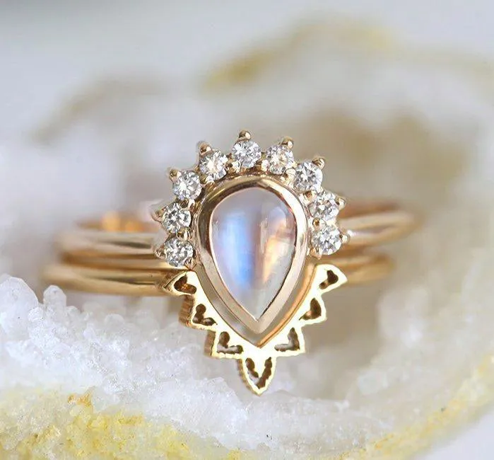 Ulysses Pear Moonstone Diamond Ring Set