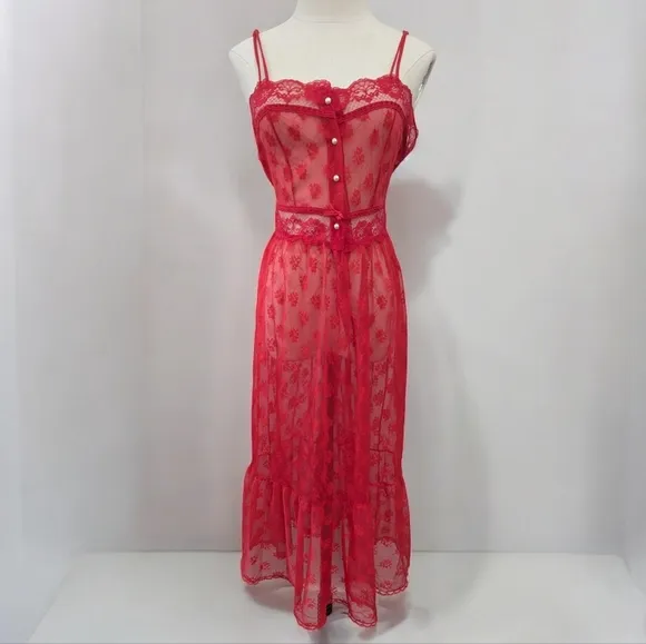 Vintage 70s Coquette Red Sheer Lace Babydoll Lingerie Dress