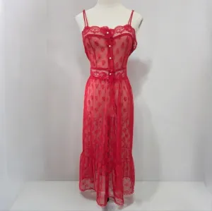 Vintage 70s Coquette Red Sheer Lace Babydoll Lingerie Dress