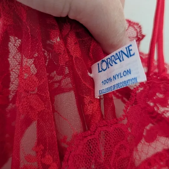 Vintage 70s Coquette Red Sheer Lace Babydoll Lingerie Dress
