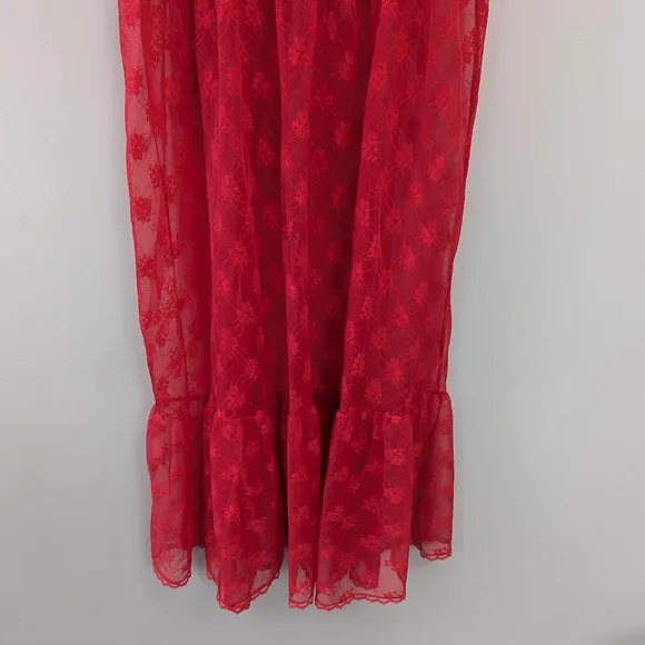 Vintage 70s Coquette Red Sheer Lace Babydoll Lingerie Dress