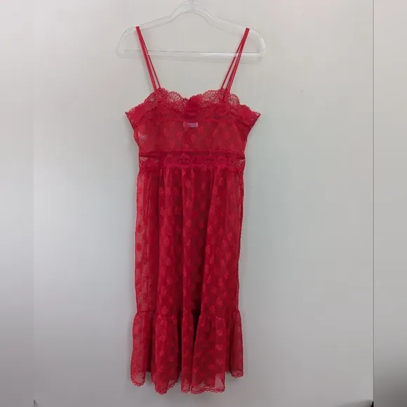 Vintage 70s Coquette Red Sheer Lace Babydoll Lingerie Dress