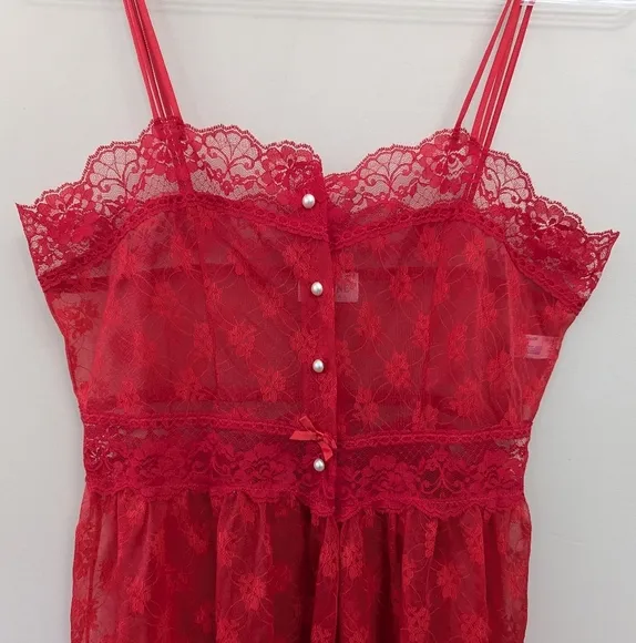 Vintage 70s Coquette Red Sheer Lace Babydoll Lingerie Dress