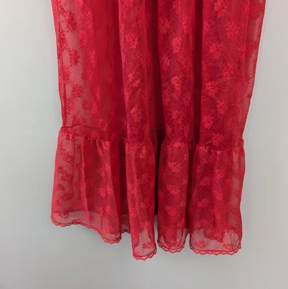 Vintage 70s Coquette Red Sheer Lace Babydoll Lingerie Dress