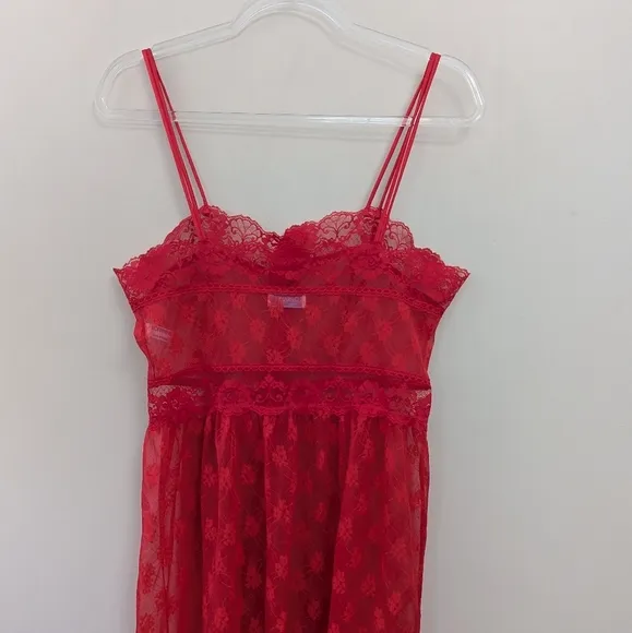 Vintage 70s Coquette Red Sheer Lace Babydoll Lingerie Dress