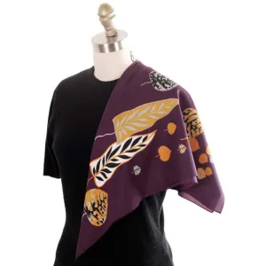Vintage Acetate  Scarf  Fab Abstract Leaf Pattern Eggplant & Gold, Silver 1950s