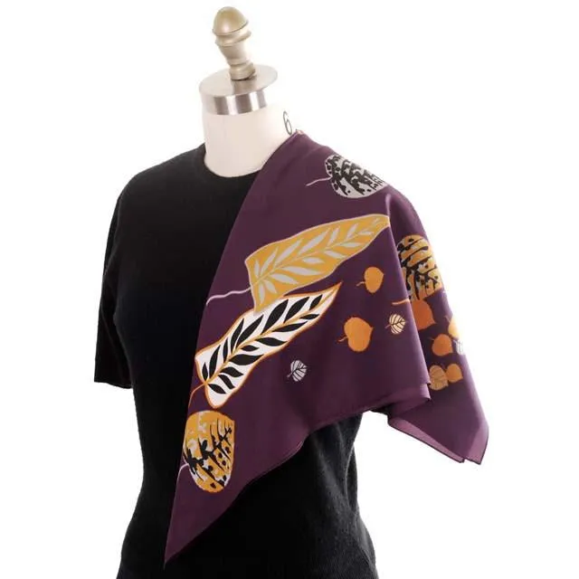 Vintage Acetate  Scarf  Fab Abstract Leaf Pattern Eggplant & Gold, Silver 1950s