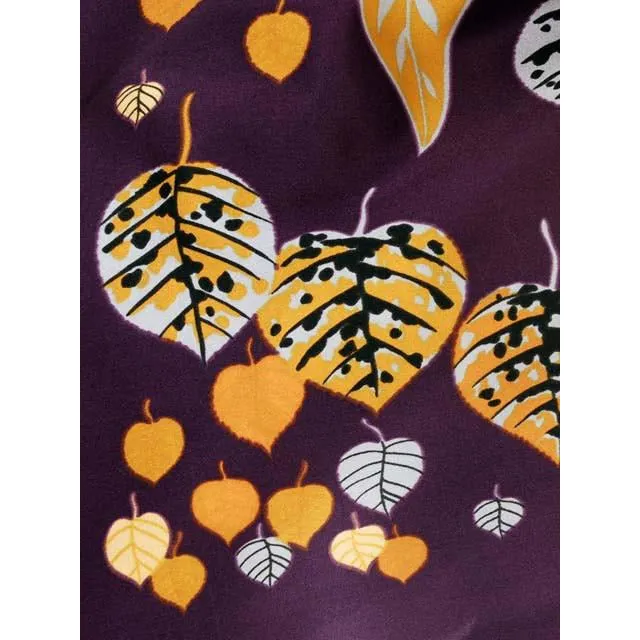 Vintage Acetate  Scarf  Fab Abstract Leaf Pattern Eggplant & Gold, Silver 1950s