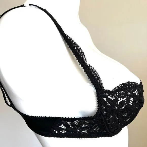 Vintage Lou Bra from Paris France Dainty Daisy Lace flowers &amp; Bows Black 34B 36C