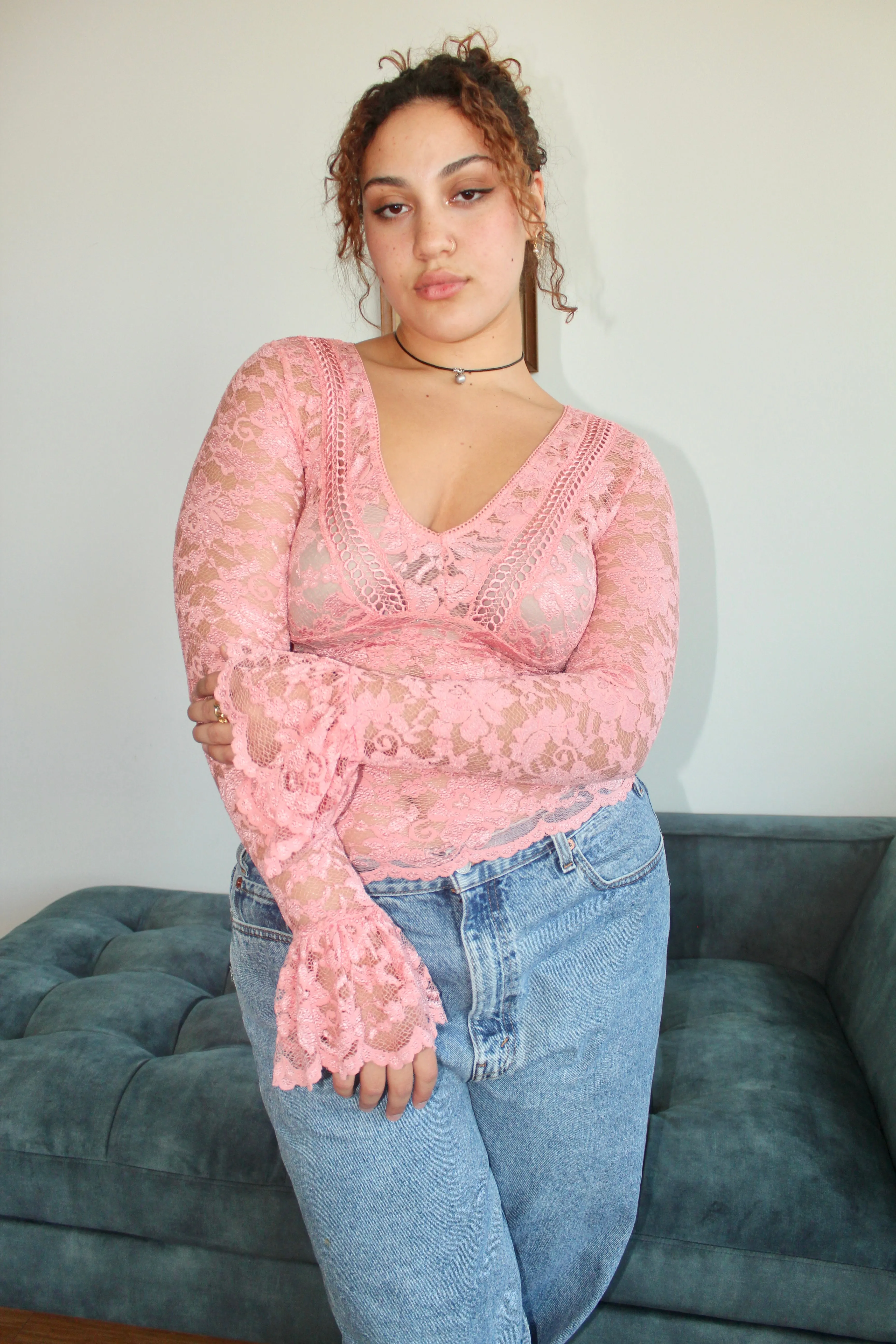 Vintage Peach Lace Flared Knit Top (L)
