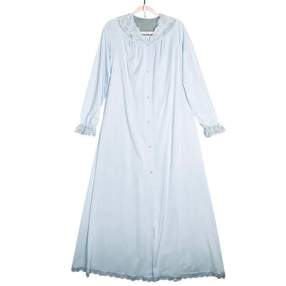 Vintage Shadowline Peignoir Set Small Blue Lace Robe Nightgown 70's 80's