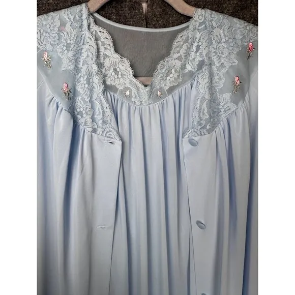 Vintage Shadowline Peignoir Set Small Blue Lace Robe Nightgown 70's 80's