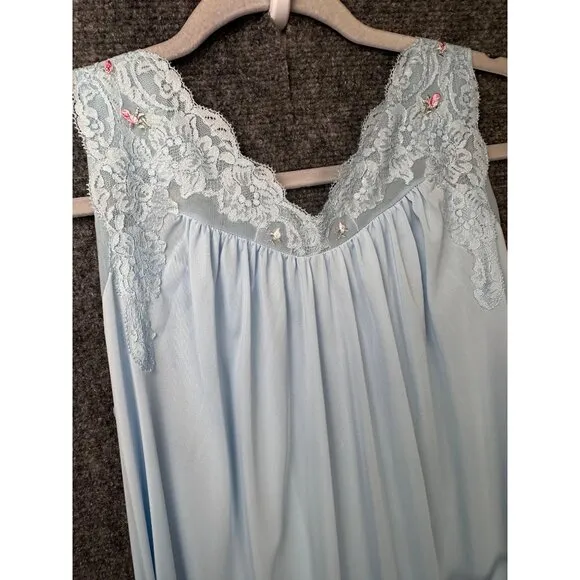 Vintage Shadowline Peignoir Set Small Blue Lace Robe Nightgown 70's 80's