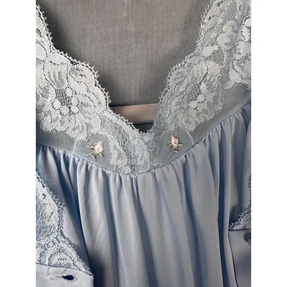 Vintage Shadowline Peignoir Set Small Blue Lace Robe Nightgown 70's 80's