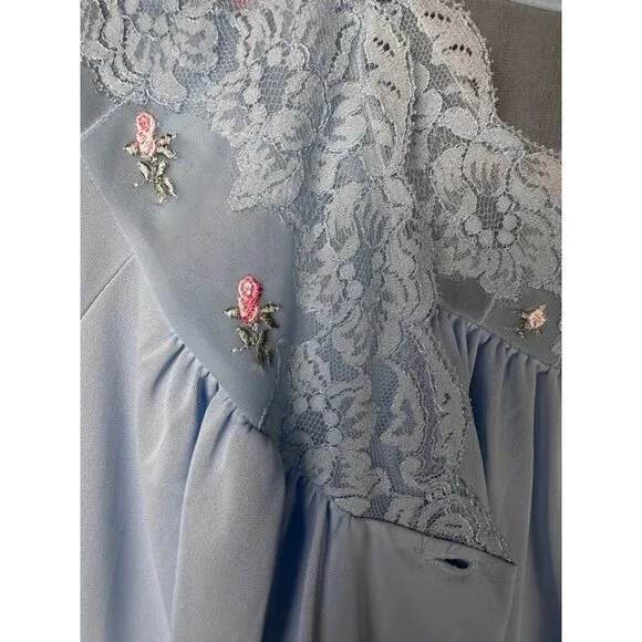 Vintage Shadowline Peignoir Set Small Blue Lace Robe Nightgown 70's 80's