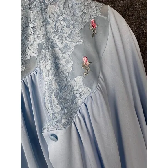 Vintage Shadowline Peignoir Set Small Blue Lace Robe Nightgown 70's 80's