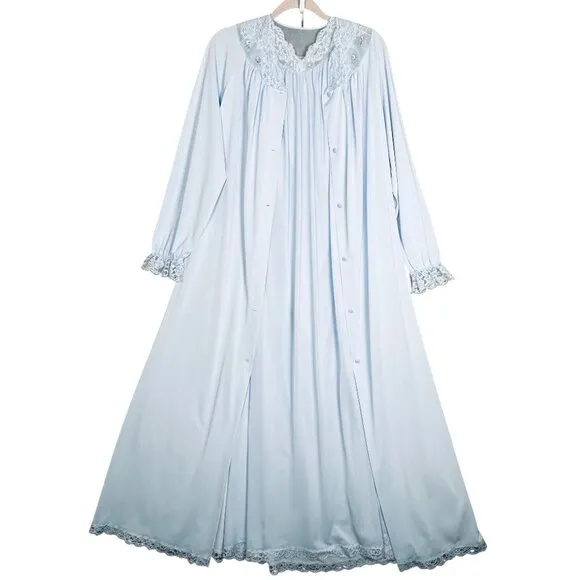 Vintage Shadowline Peignoir Set Small Blue Lace Robe Nightgown 70's 80's