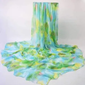 Vivid Maple Leaf Printed Chiffon Scarf - Light Blue
