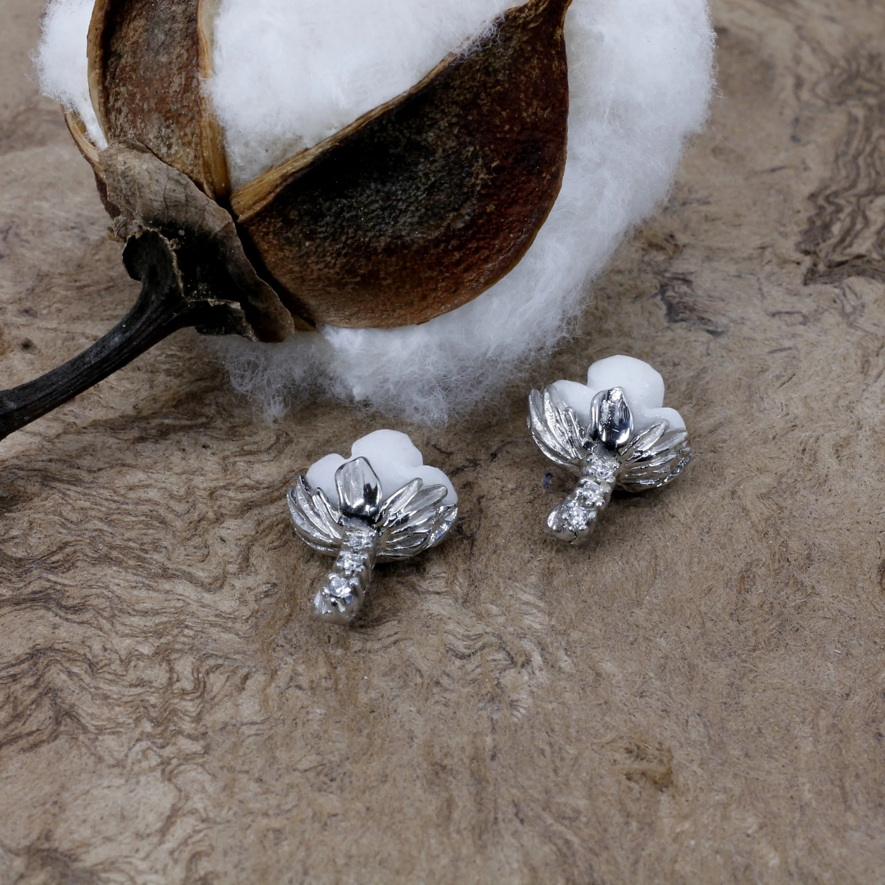 White Gold Cotton Boll Stud Earrings with White Stones and Diamond Stems