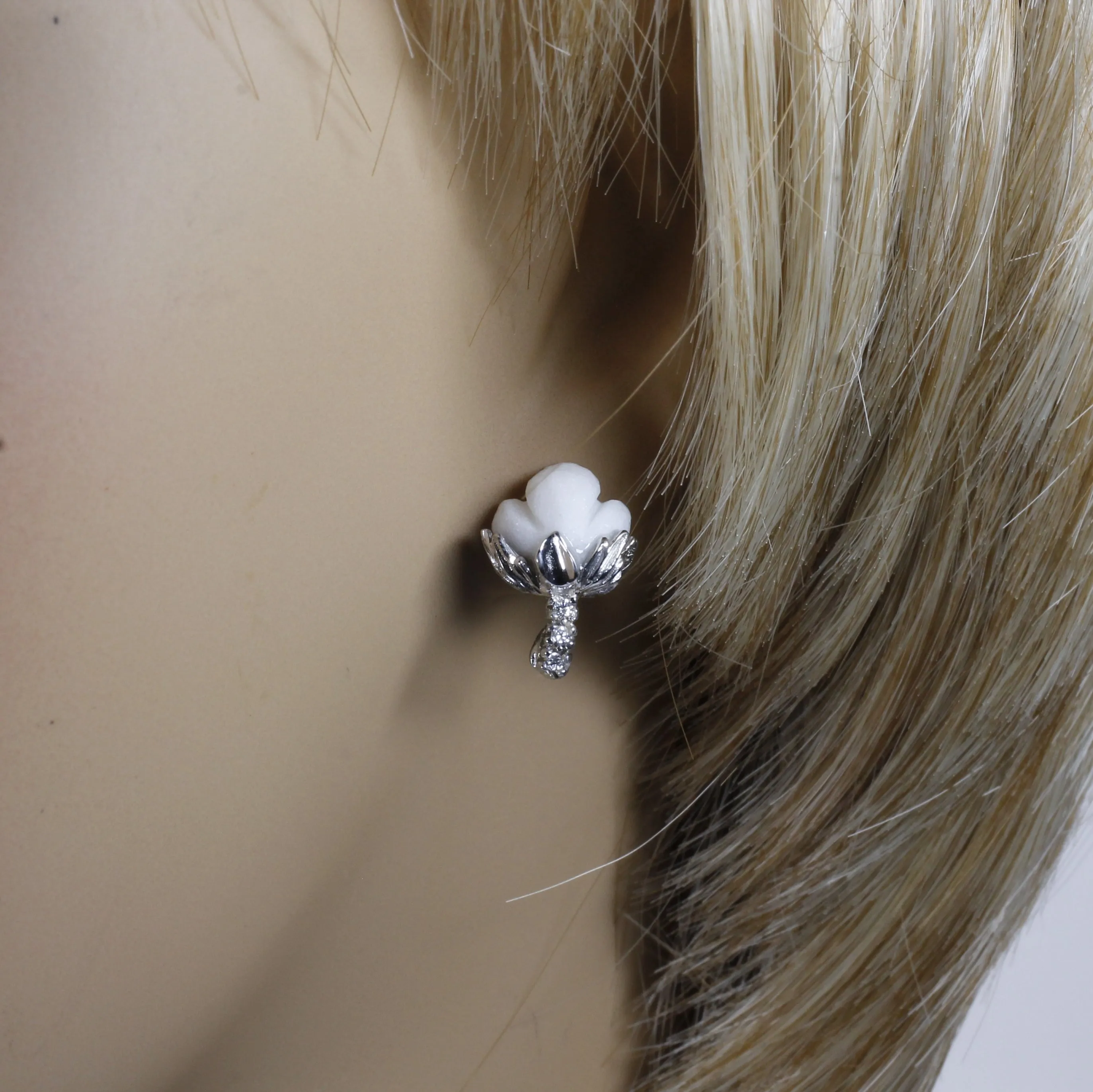 White Gold Cotton Boll Stud Earrings with White Stones and Diamond Stems