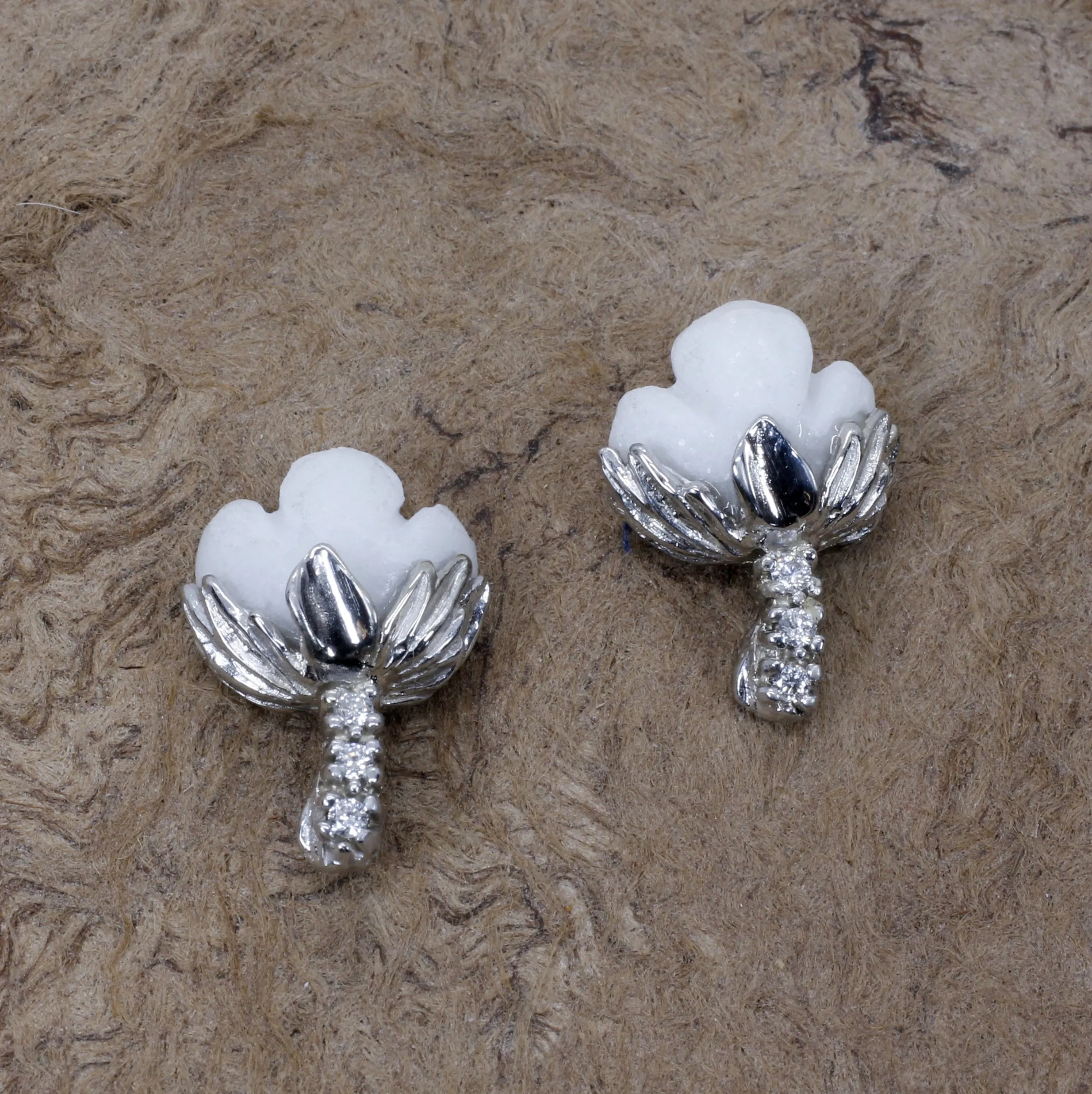 White Gold Cotton Boll Stud Earrings with White Stones and Diamond Stems