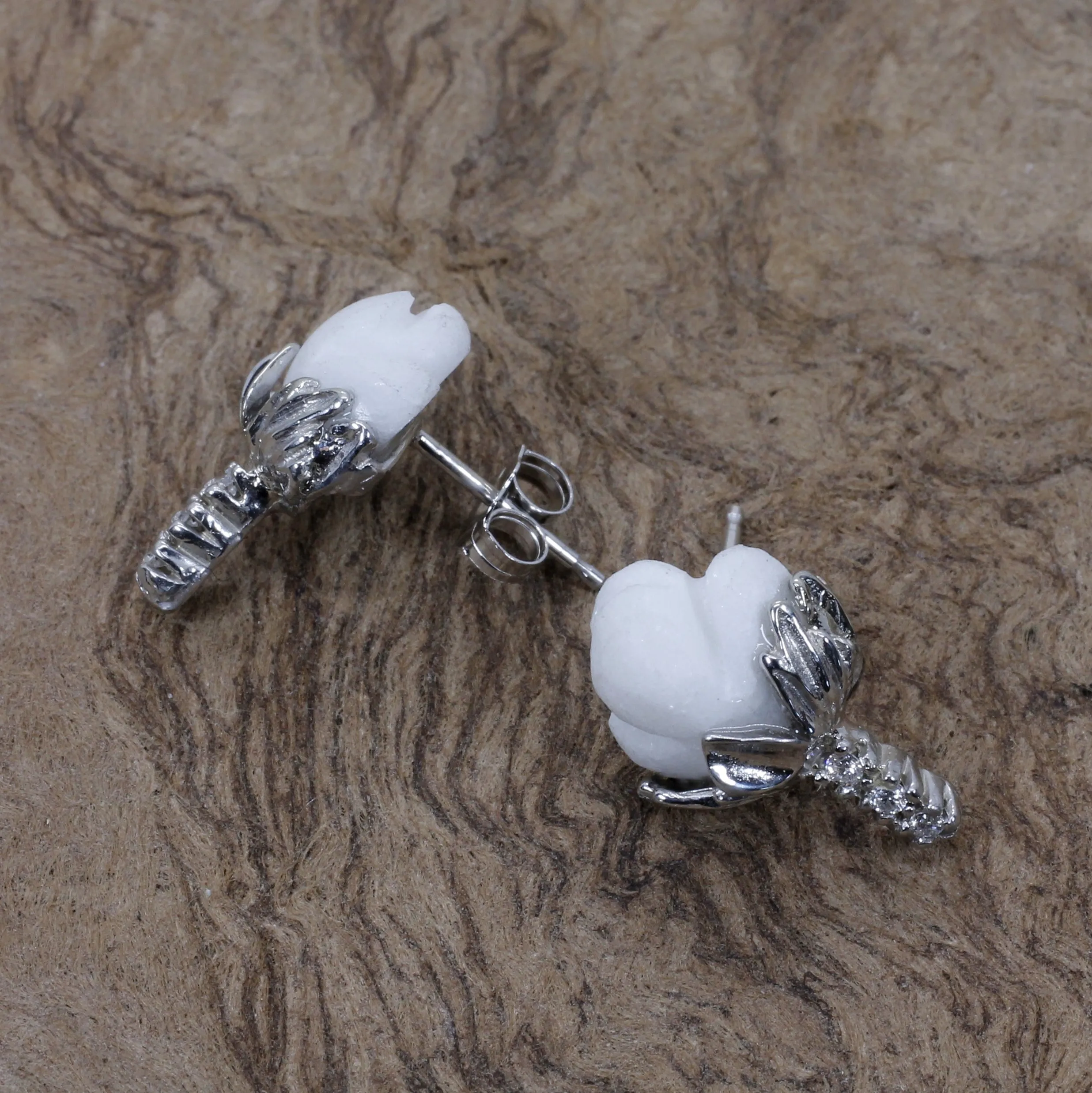 White Gold Cotton Boll Stud Earrings with White Stones and Diamond Stems