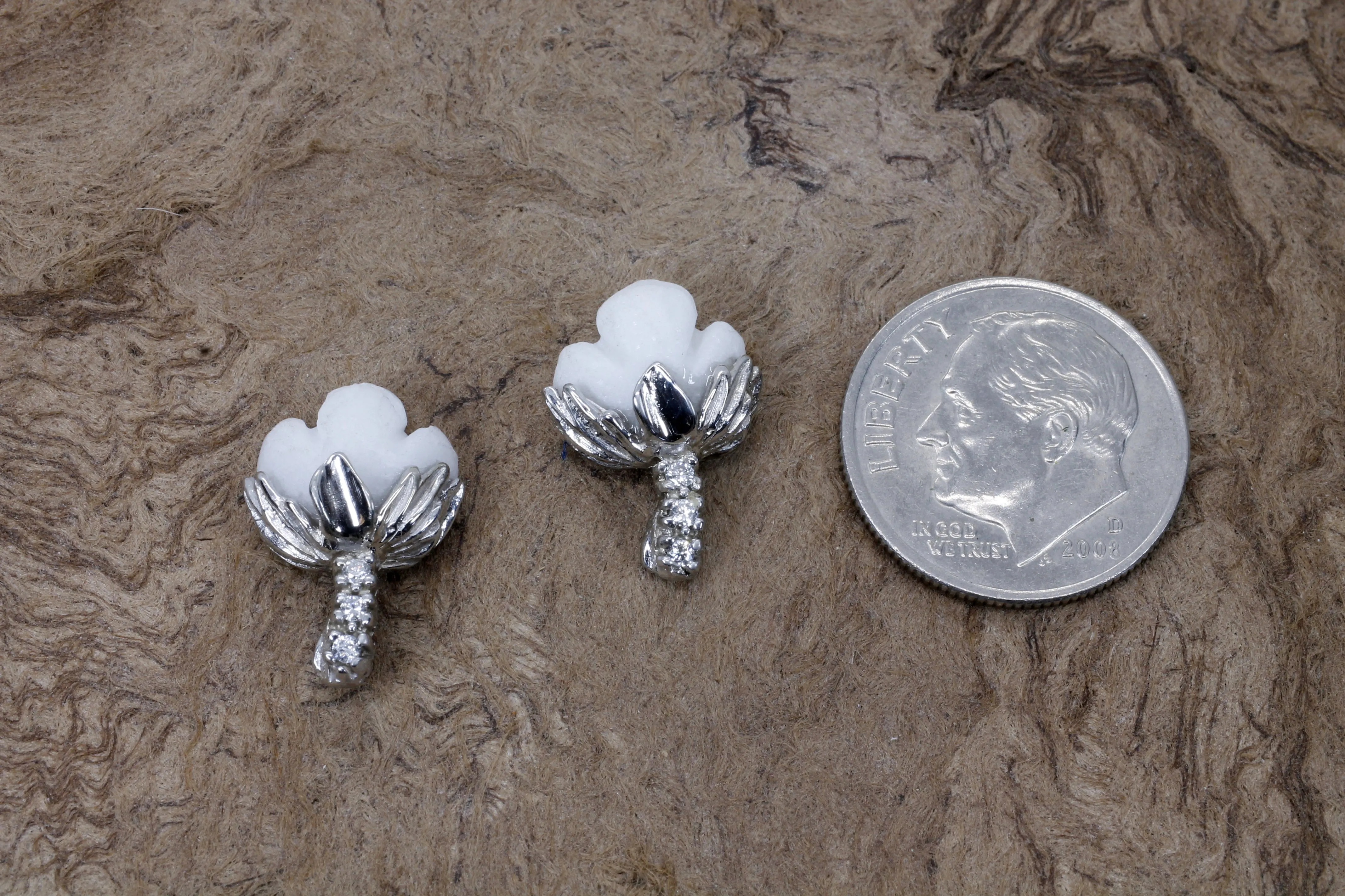 White Gold Cotton Boll Stud Earrings with White Stones and Diamond Stems