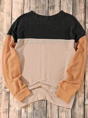 Womens Fall Vibes Color Block Ribbed Long Sleeve Top